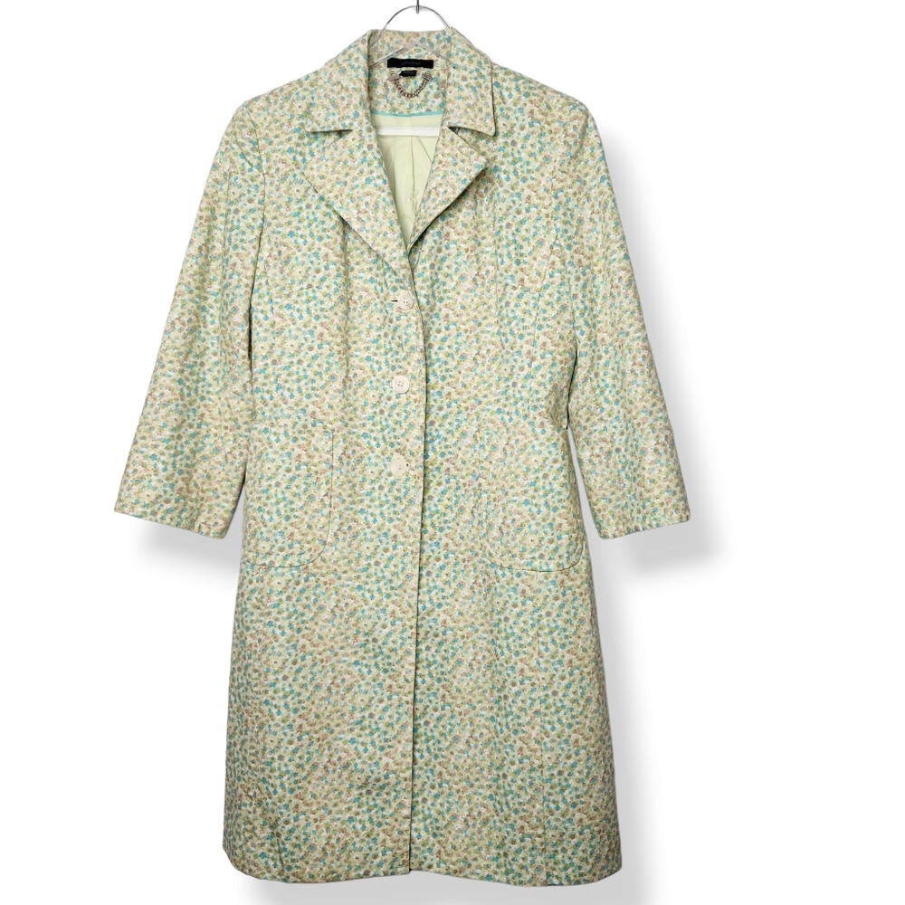 Vintage Express Ditzy Floral Button Front Spring Coat Green Yellow Size Medium